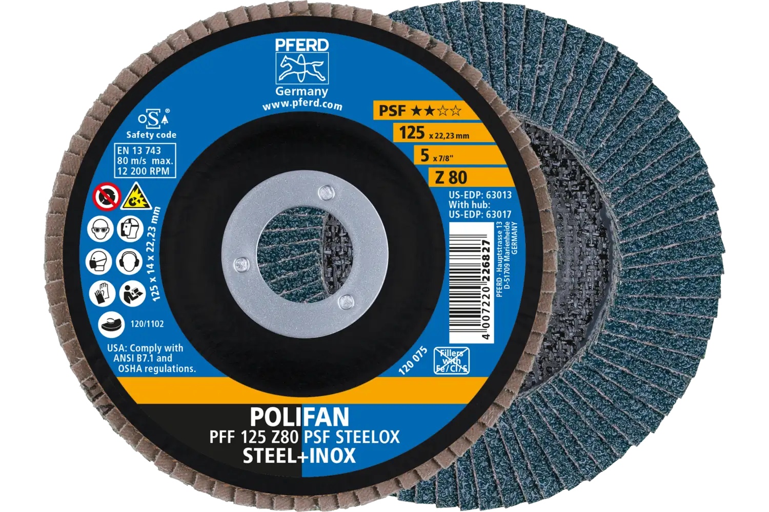 Picture of Pferd Flap Disc, 5" x 7/8, Z PSF Steelox, 80 Grit, T27, Flat, Zirconia